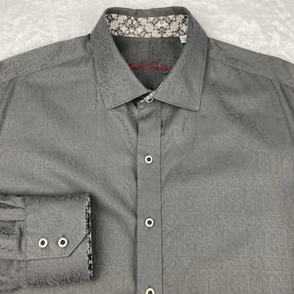 Robert Graham Shirt Men's Large Gray Paisley Print Flip Cuffs Classic Fit
